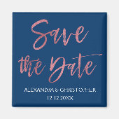 Roos Gold Foil en Navy Blue Save the Date Magnet (Voorkant)