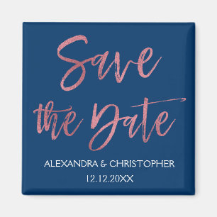 Roos Gold Foil en Navy Blue Save the Date Magnet