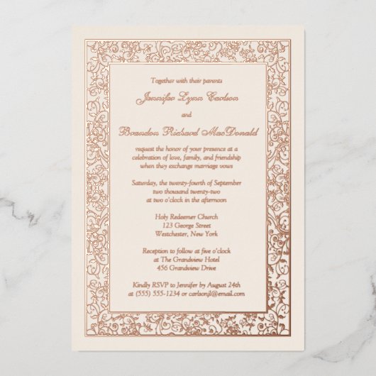 Roos Gold Foil Floral Filigree Wedding Invite Folie Uitnodiging (Voorkant)