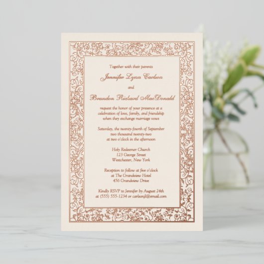 Roos Gold Foil Floral Filigree Wedding Invite Folie Uitnodiging (Staand Voorkant)