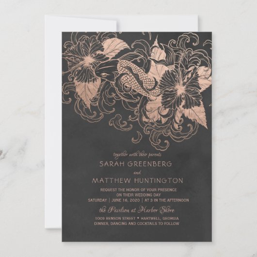 Roos Gold Foil Floral Koi Wedding Invitation Kaart (Voorkant)
