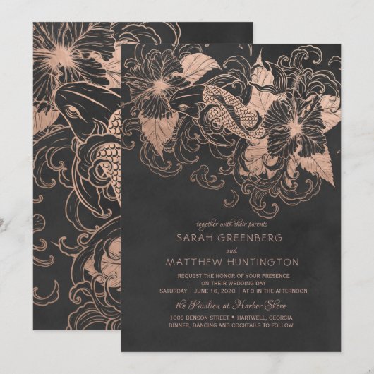 Roos Gold Foil Floral Koi Wedding Invitation Kaart (Voorkant / Achterkant)