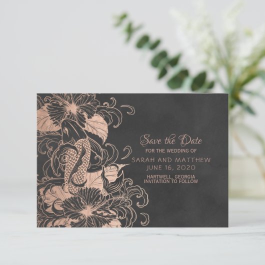 Roos Gold Foil Floral Koi Wedding Save the Date (Staand voorkant)