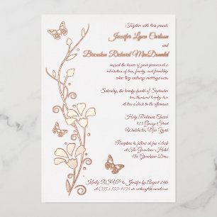 Roos Gold Foil Flowers, Butterflies Wedding Invite Folie Uitnodiging