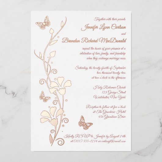 Roos Gold Foil Flowers, Butterflies Wedding Invite Folie Uitnodiging (Voorkant)