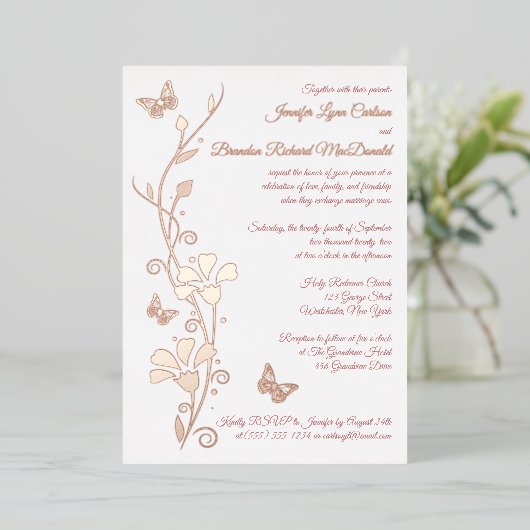 Roos Gold Foil Flowers, Butterflies Wedding Invite Folie Uitnodiging (Staand Voorkant)