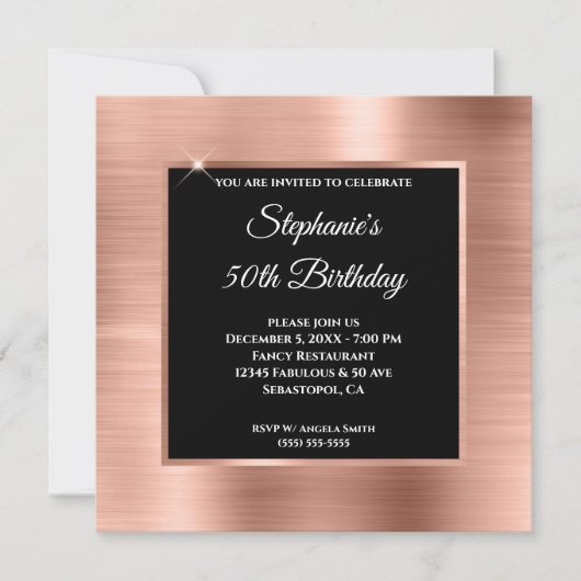 Roos Gold Foil Glam Black Overlay 50th Birthday Kaart (Voorkant)