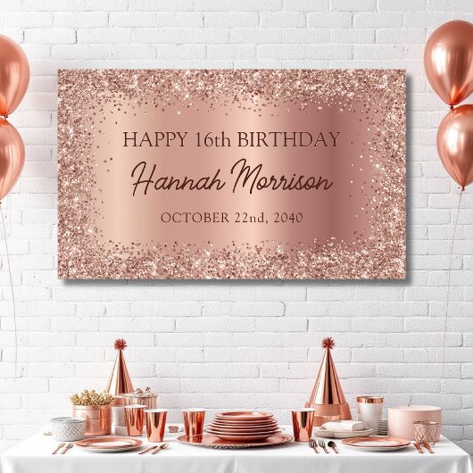 Roos Gold Foil Glitter 16e Verjaardag Script Spandoek