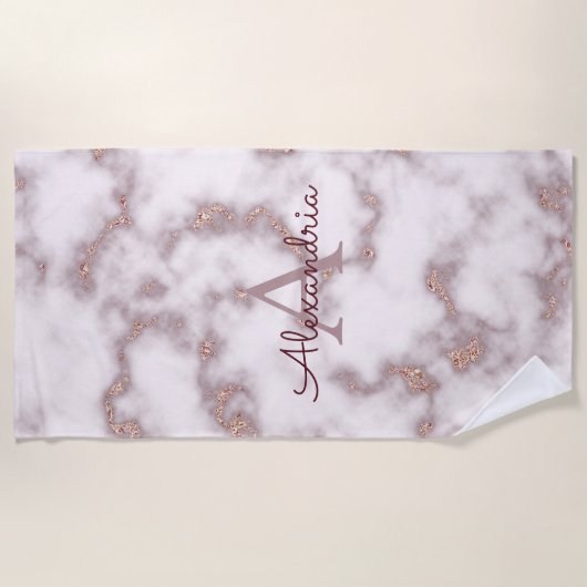 Roos Gold Foil Glitter in Roze marmer Monogram Strandlaken (Voorkant)
