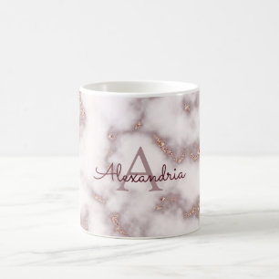 Roos Gold Foil Glitter Pink Marble Name Monogram Koffiemok