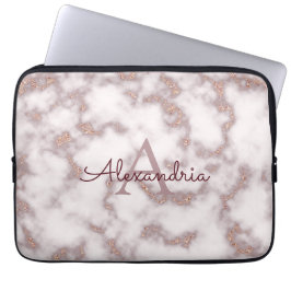 Roos Gold Foil Glitter Pink Marble Name Monogram Laptop Sleeve