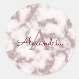 Roos Gold Foil Glitter Pink Marble Name Monogram Ronde Sticker