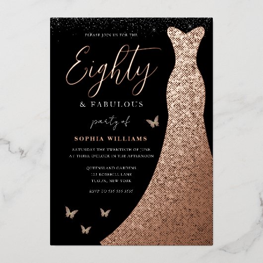 Roos Gold Foil Gwn 80th Birthday Party Folie Uitnodiging (Voorkant)