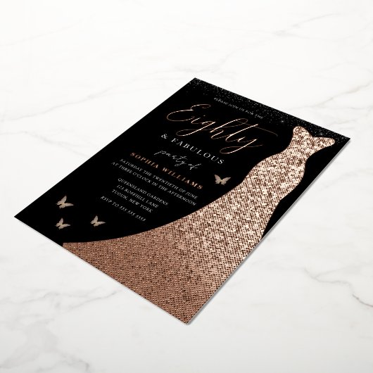 Roos Gold Foil Gwn 80th Birthday Party Folie Uitnodiging (Gedraaid)