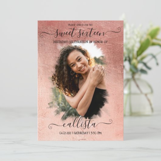 Roos Gold Foil Halo Foto Collage Sweet 16 Kaart (Staand voorkant)