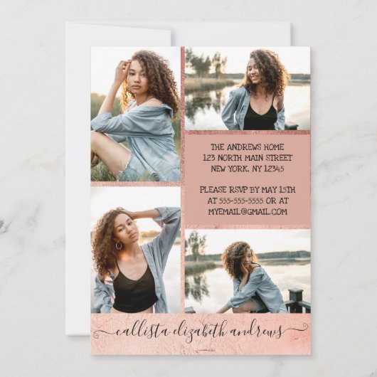 Roos Gold Foil Halo Foto Collage Sweet 16 Kaart (Achterkant)