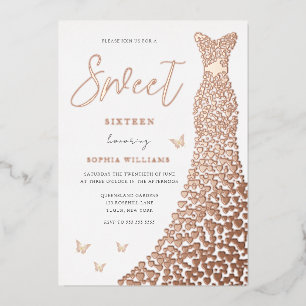 Roos Gold Foil Heart Dress Butterfly Sweet 16 Folie Uitnodiging