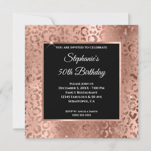 Roos Gold Foil Leopard Black Overlay 50th Birthday Kaart (Voorkant)