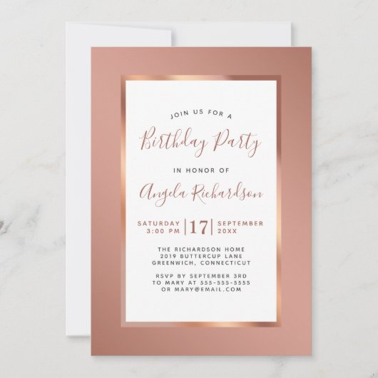 Roos Gold Foil Lijst Elegant Birthday Party Kaart (Voorkant)