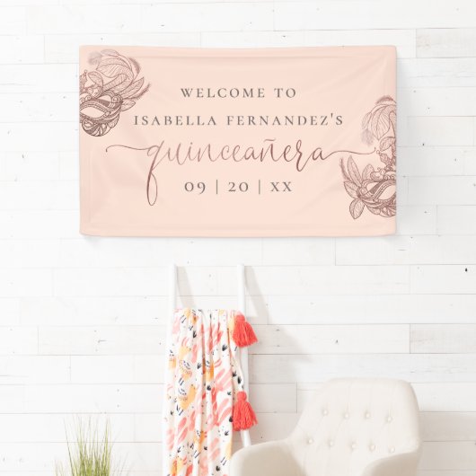 Roos Gold Foil Masquerade Quinceañera Welkom Spandoek (Insitu)