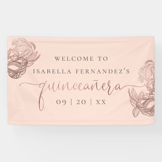 Roos Gold Foil Masquerade Quinceañera Welkom Spandoek (Horizontaal)