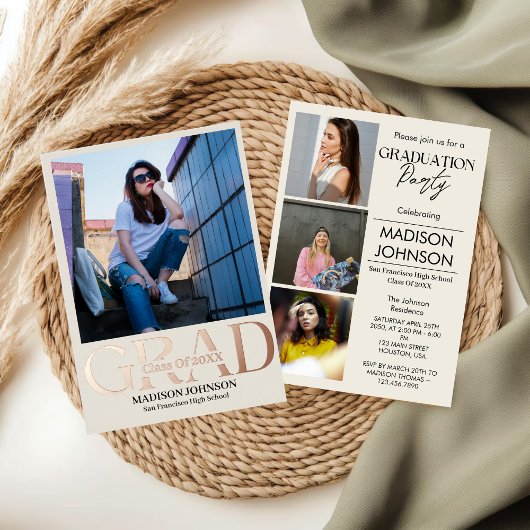 Roos Gold Foil Modern Minimalist Afstuderen Foto Folie Uitnodiging