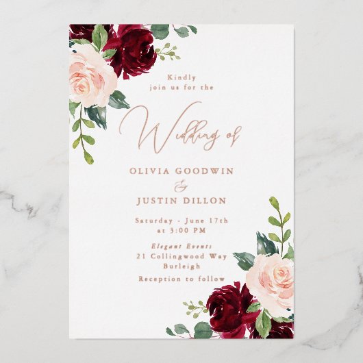 Roos Gold Foil Modern Wine & Blush Wedding Folie Uitnodiging (Voorkant)