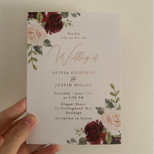 Roos Gold Foil Modern Wine & Blush Wedding Folie Uitnodiging