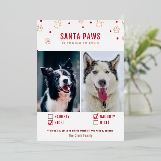 Roos Gold Foil Naughty of Nice Two Dog Photo Card Folie Feestdagenkaart (Staand Voorkant)
