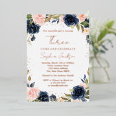 ROOS GOLD FOIL Navy Blush 3rd Girl Birthday Folie Uitnodiging (Staand Voorkant)