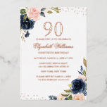 ROOS GOLD FOIL Navy Blush Floral 90th Birthday Folie Uitnodiging<br><div class="desc">ROOS GOLD FOIL 90th Birthday Blue Pink Uitnodiging  verjaardag Uitnodigingen in de Little Bayleigh Store!</div>