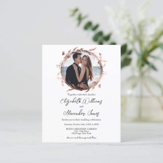 Roos Gold Foil Photo Budget Wedding Invitting (Staand voorkant)