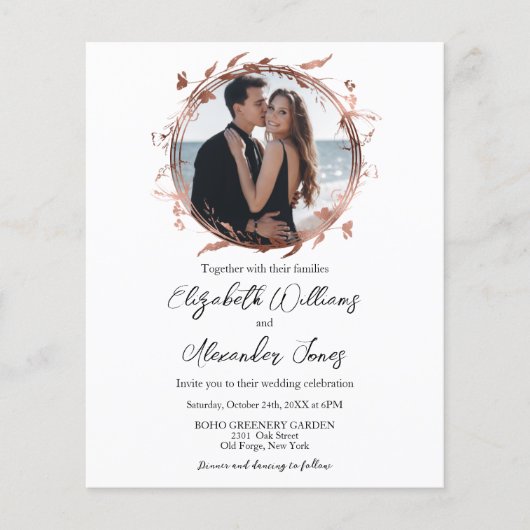 Roos Gold Foil Photo Budget Wedding Invitting (Voorkant)