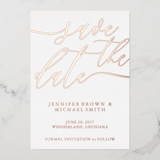 Roos Gold Foil Photo Weddenschap Save the Date Folie Uitnodiging (Voorkant)