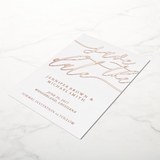 Roos Gold Foil Photo Weddenschap Save the Date Folie Uitnodiging (Gedraaid)
