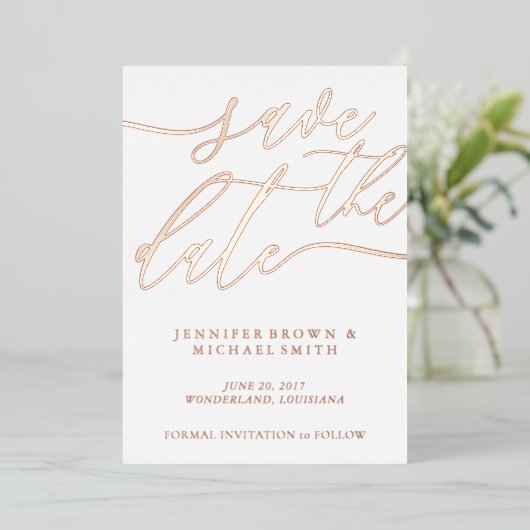 Roos Gold Foil Photo Weddenschap Save the Date Folie Uitnodiging (Staand Voorkant)