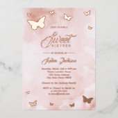 ROOS GOLD FOIL Pink Butterfly Sweet 16 Party Folie Uitnodiging (Voorkant)