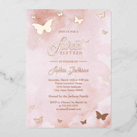 ROOS GOLD FOIL Pink Butterfly Sweet 16 Party Folie Uitnodiging (Voorkant)