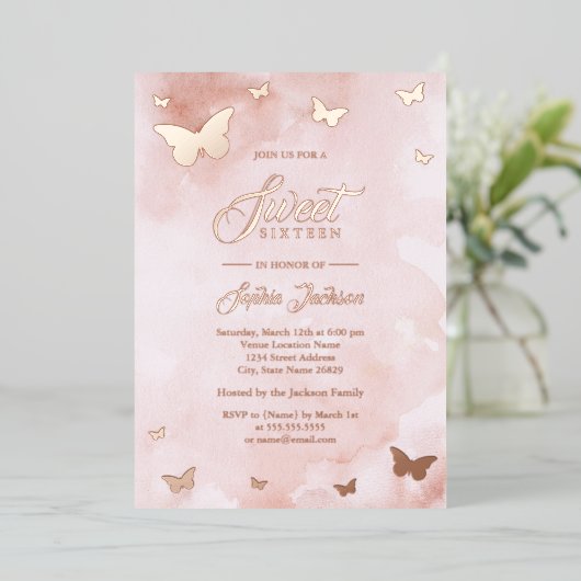 ROOS GOLD FOIL Pink Butterfly Sweet 16 Party Folie Uitnodiging (Staand Voorkant)