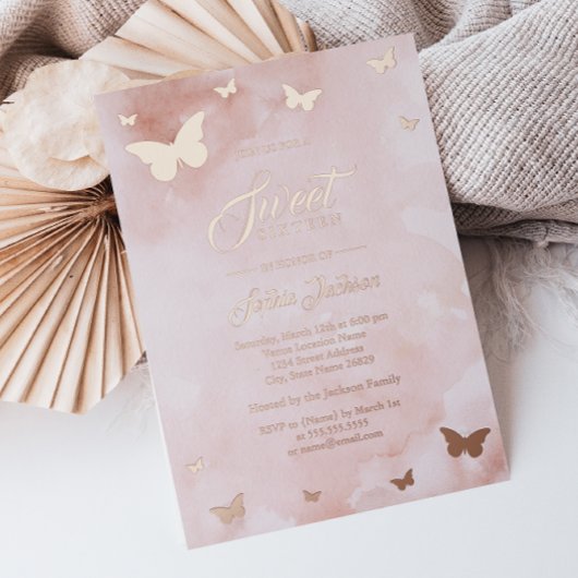 ROOS GOLD FOIL Pink Butterfly Sweet 16 Party Folie Uitnodiging