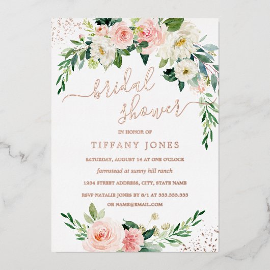 ROOS GOLD FOIL Pink Floral Vrijgezellenfeest Folie Folie Uitnodiging (Voorkant)