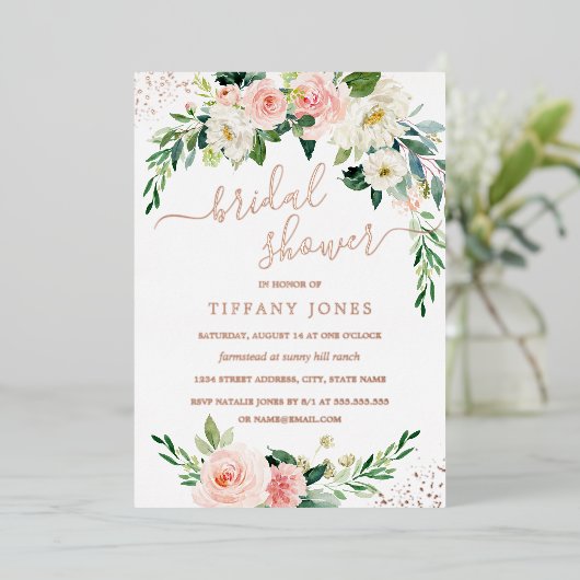 ROOS GOLD FOIL Pink Floral Vrijgezellenfeest Folie Folie Uitnodiging (Staand Voorkant)