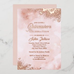 ROOS GOLD FOIL Pink Peach Butterfly Quinceanera Folie Uitnodiging