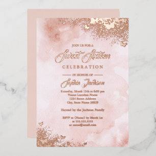 ROOS GOLD FOIL Pink Peach Butterfly Sweet Sixteen Folie Uitnodiging