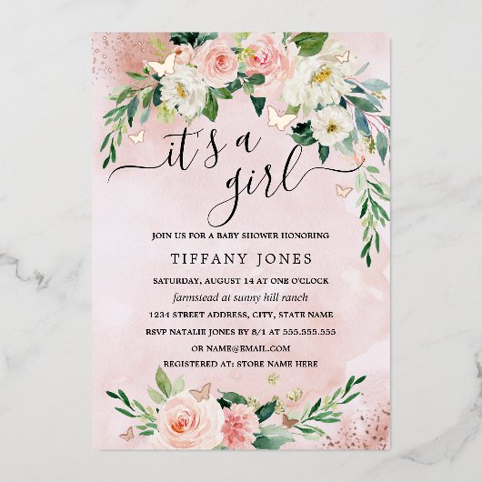 ROOS GOLD FOIL Roze Blush Bloemen Baby shower Folie Uitnodiging (Voorkant)