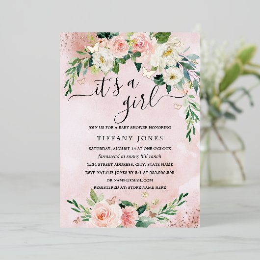 ROOS GOLD FOIL Roze Blush Bloemen Baby shower Folie Uitnodiging (Staand Voorkant)