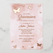 ROOS GOLD FOIL Roze Butterfly Quinceanera Folie Uitnodiging (Voorkant)
