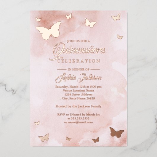 ROOS GOLD FOIL Roze Butterfly Quinceanera Folie Uitnodiging (Voorkant)