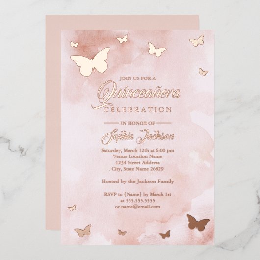 ROOS GOLD FOIL Roze Butterfly Quinceanera Folie Uitnodiging (Voorkant / Achterkant)