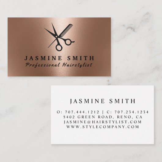 Roos Gold Foil schaar en Comb Logo Haarstylist Visitekaartje (Voorkant / Achterkant)